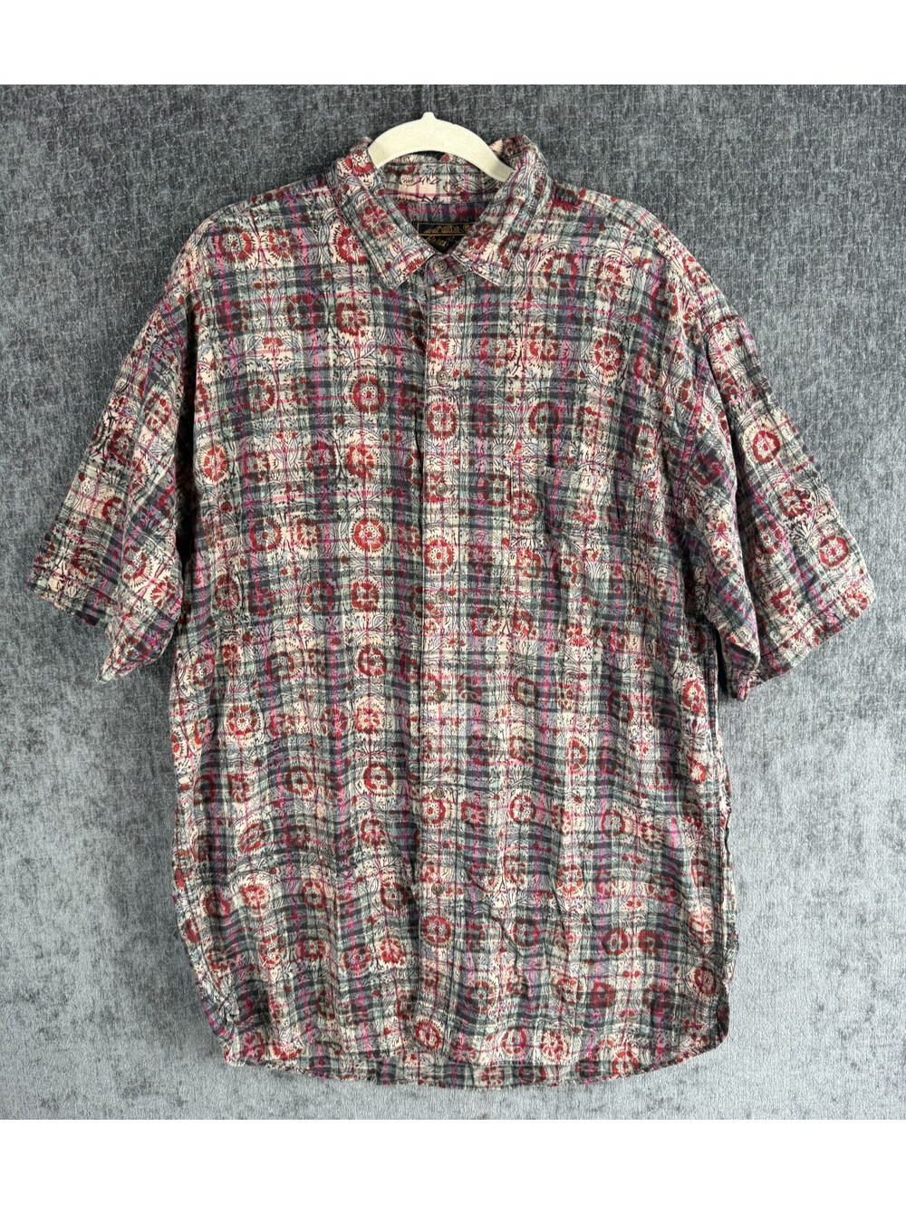 Vintage Eddie Bauer Short Sleeve Paisley Plaid Shirt Mens XL Tall